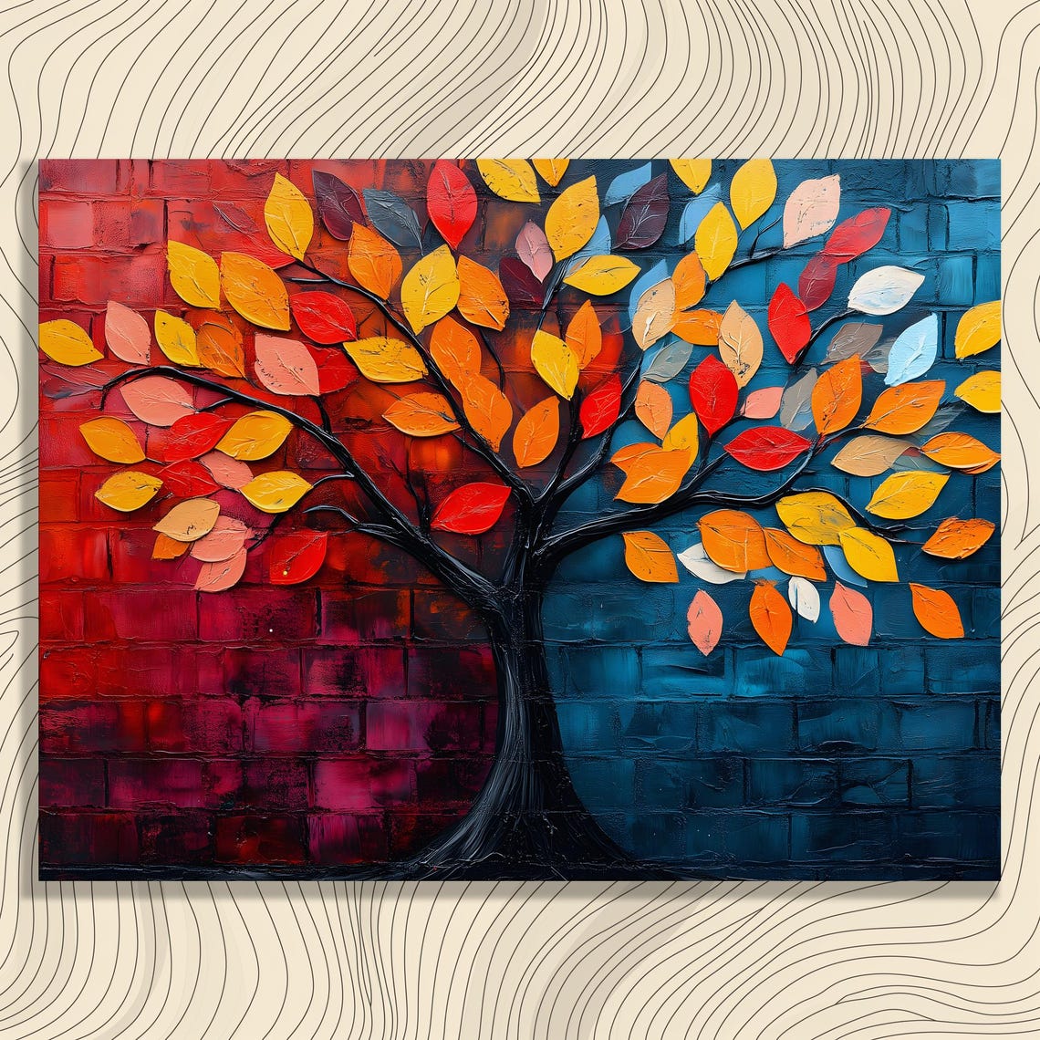Colorful Graffiti Tree Brick Wall Urban Pop Art Leaves Painting Poster
