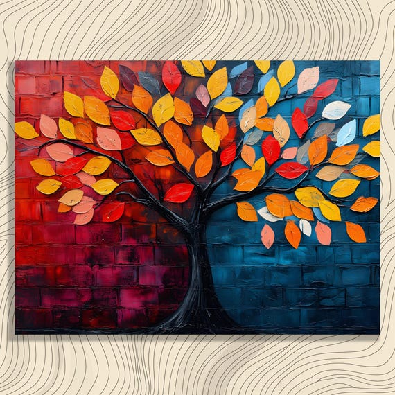 Colorful Graffiti Tree Brick Wall Urban Pop Art Leaves Painting Poster