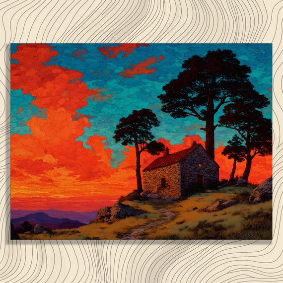 Sunset Landscape Canvas Wall Art Rustic Cottage Print Nature Home Illustration Farmhouse Decor Stone House Poster Hanging
