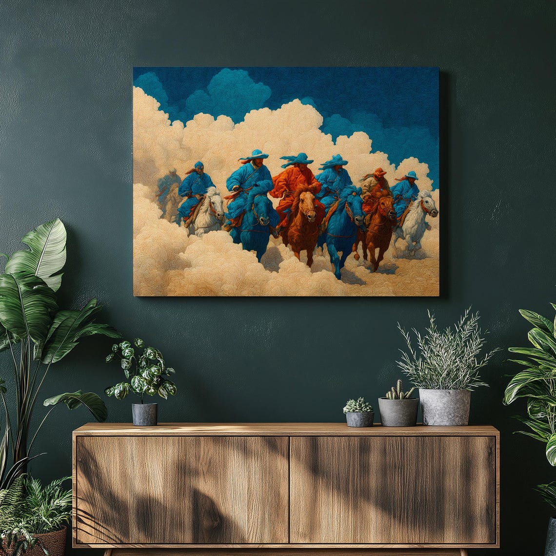 Galloping Horsemen Blue Orange Stylized Clouds Equestrian Poster