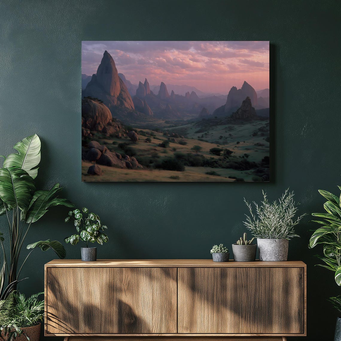 Sunset Rocky Spires Valley Pink Sky Peaks Desert Landscape Poster