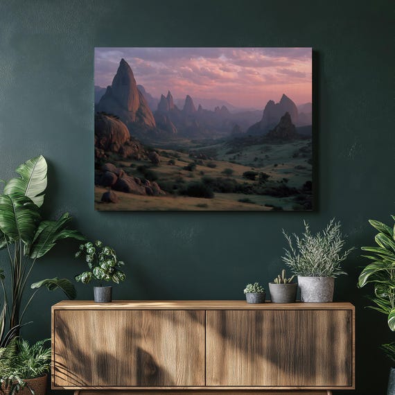 Sunset Mountain Landscape Canvas Wall Art Panoramic Rocky Spires Valley View Colorful Pastel Sky Nature Decor Print Peaks