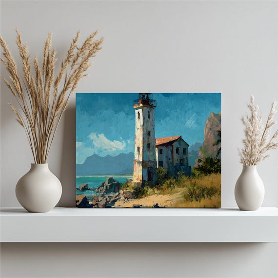 Lighthouse Coastal Canvas Wall Art Colorful Tropical Seascape Painting Ocean Watercolor Blue Sky Rocky Shoreline Palm Trees Mountain Range