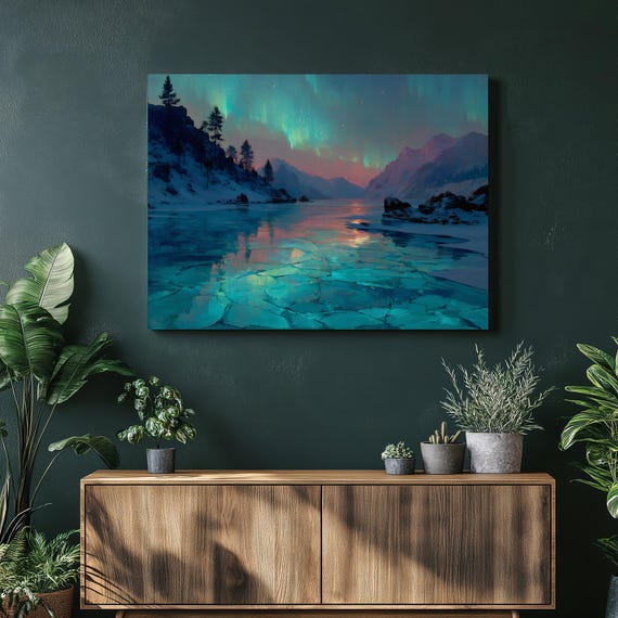 Aurora Borealis Canvas Wall Art Frozen Lake Cracked Ice Under Northern Lights Print Colorful Nature Decor Mountain Landscape Painting Gift