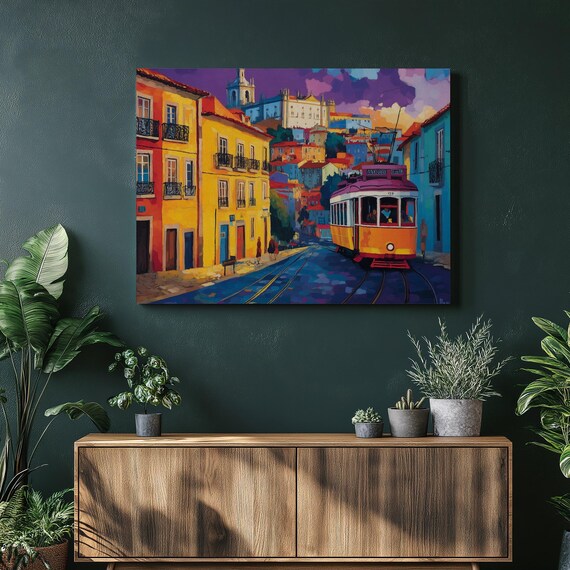 Portugal Canvas Wall Art Vibrant Lisbon Tram Cityscape Print Colorful Old Town Street Decor For Home Office Or Living Room