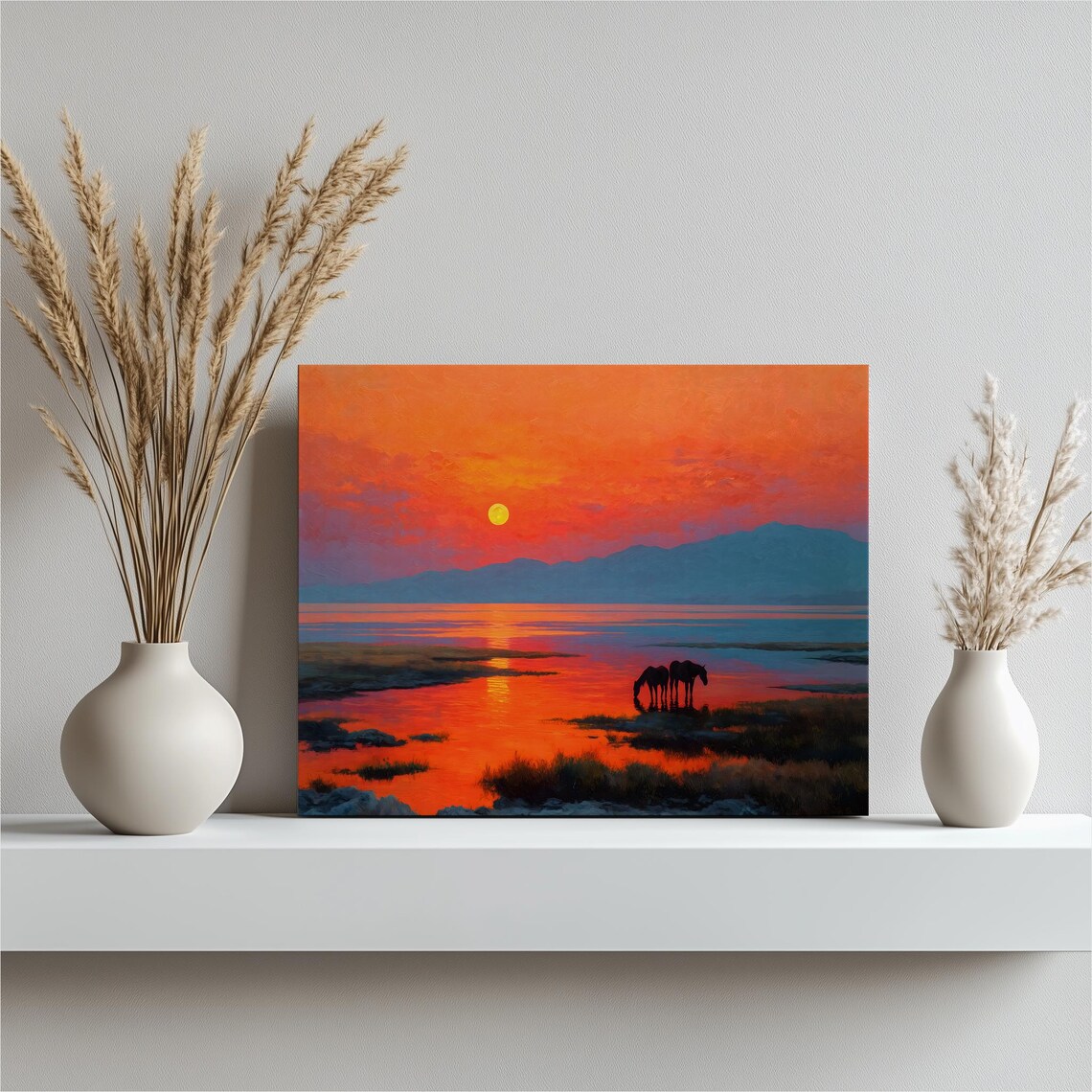 Sunset Horses Silhouette Water Landscape Oil Painting Art Poster