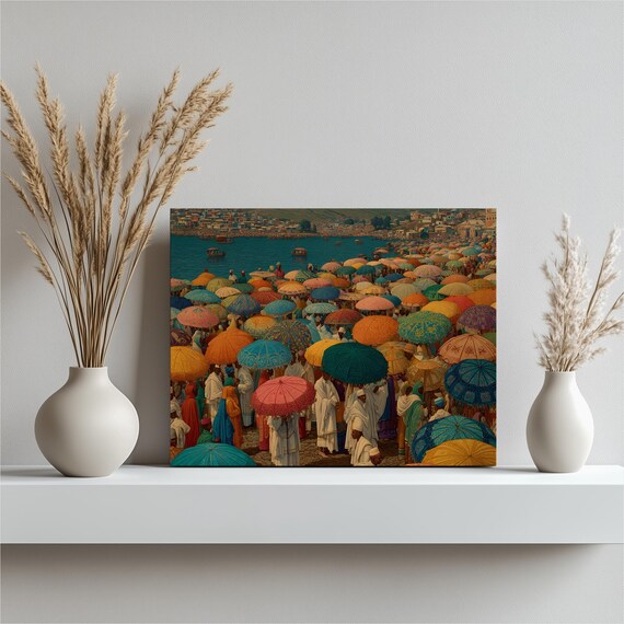 African Umbrella Procession Canvas Wall Art Vibrant Cultural Festival Print Colorful Market Scene Gift Nigerian Cityscape Travel Decor