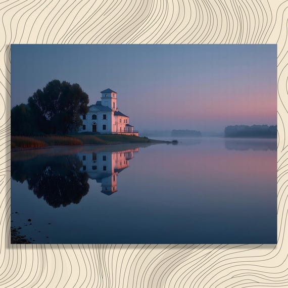 Lakeside Church Canvas Wall Art Serene Sunset Reflection Lake Landscape Print Tranquil Waters Home Decor Pastel Sky Water