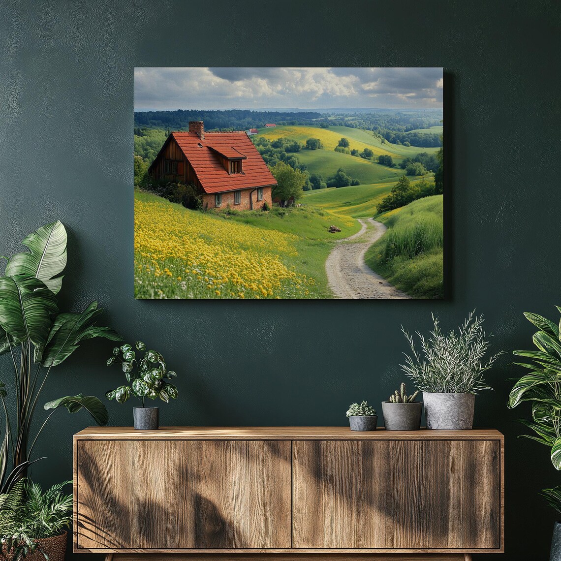 Red Roof Farmhouse Green Meadow Wildflower Valley Lane Poster