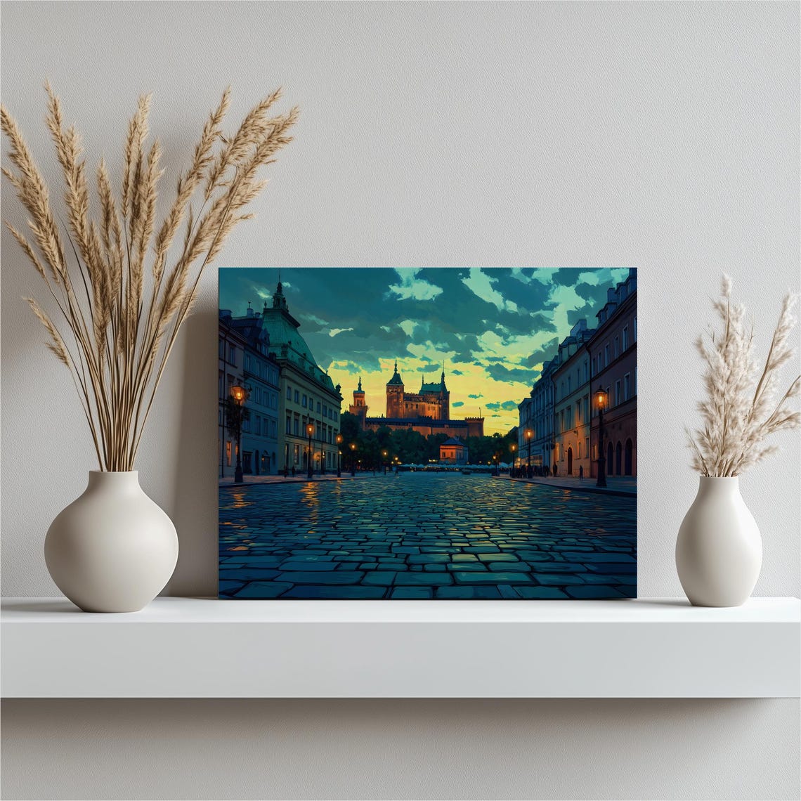 Warsaw Poland Castle Canvas Wall Art Dusk View Of Royal Square Architecture In Teal Blue Cityscape Decor