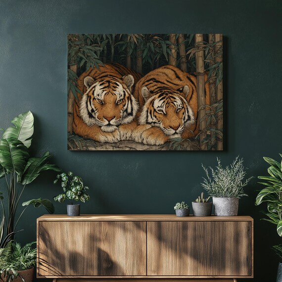 Two Tigers Resting Together in Bamboo Forest Wildlife Art Poster