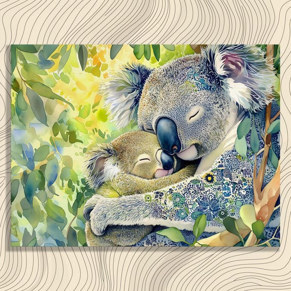 Charming Koala Canvas Wall Art Tranquil Mother And Baby Print Colorful Eucalyptus Watercolor Painting Nature Decor Gift For Animal Lovers