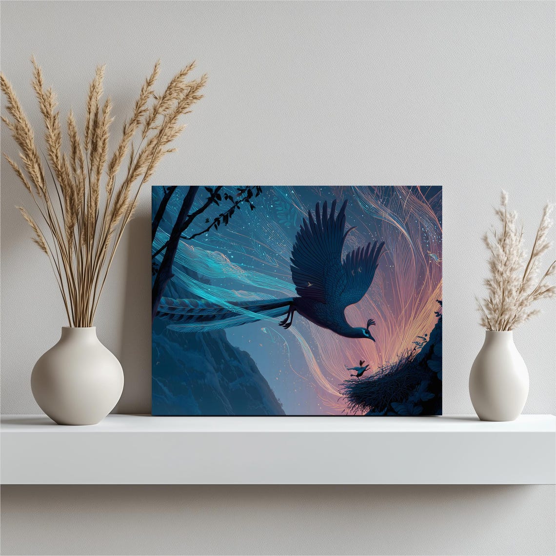 Mythical Bird Soaring to Nest Teal Coral Sky Canvas Wall Art