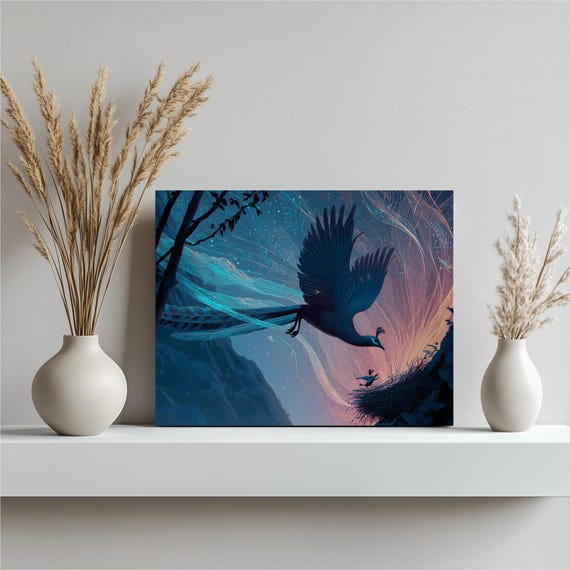 Peacock Soaring Canvas Wall Art Colorful Bird Print Mountain Sunset Painting Fantasy Forest Decor Gift Illustration