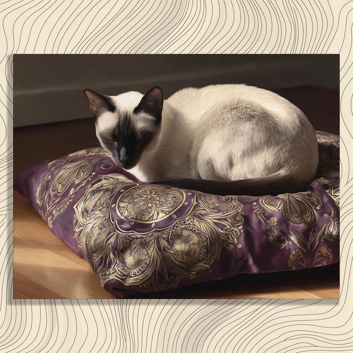 Siamese Cat Sleeping on Purple Brocade Pillow Cozy Feline Poster