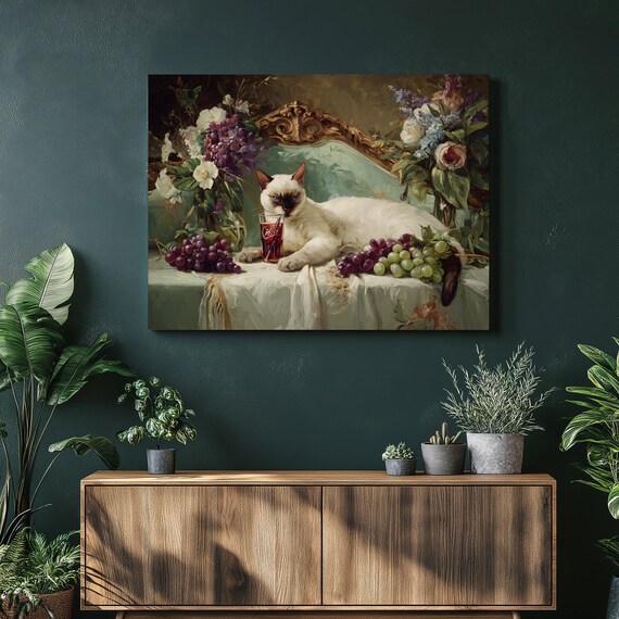 Siamese Cat Vintage Sofa Grapes Flowers Whimsical Animal Wall Art