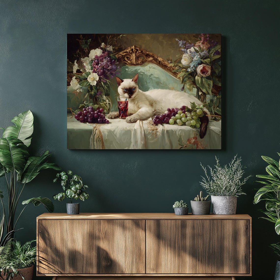 Siamese Cat Vintage Sofa Grapes Flowers Whimsical Animal Wall Art