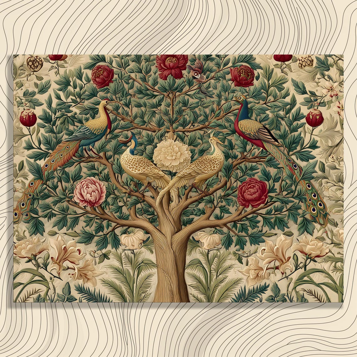 Peacock Tree of Life William Morris Style Peonies Vintage Poster