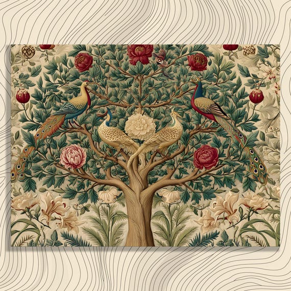 Peacock Tree Floral Canvas Wall Art Nouveau Botanical Print Vintage Victorian Decor Of Life Design Peony Rose Garden Illustration