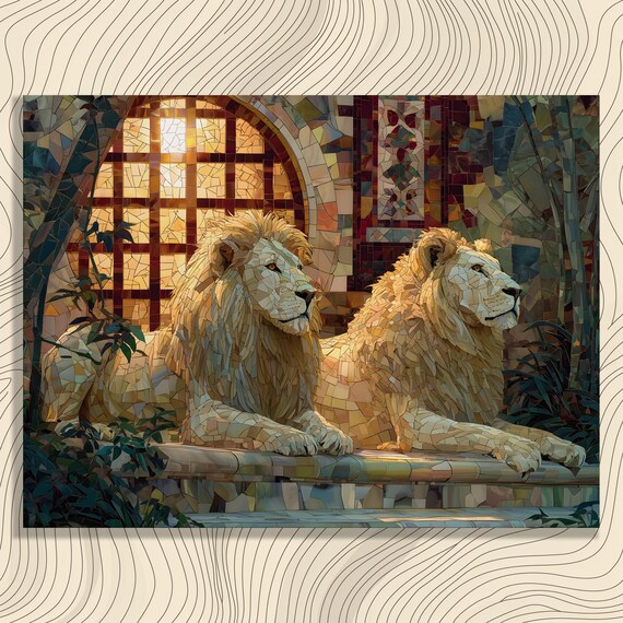 Mosaic Lion Canvas Wall Art Wildlife Animal Decorative Print Golden Decor Safari Poster