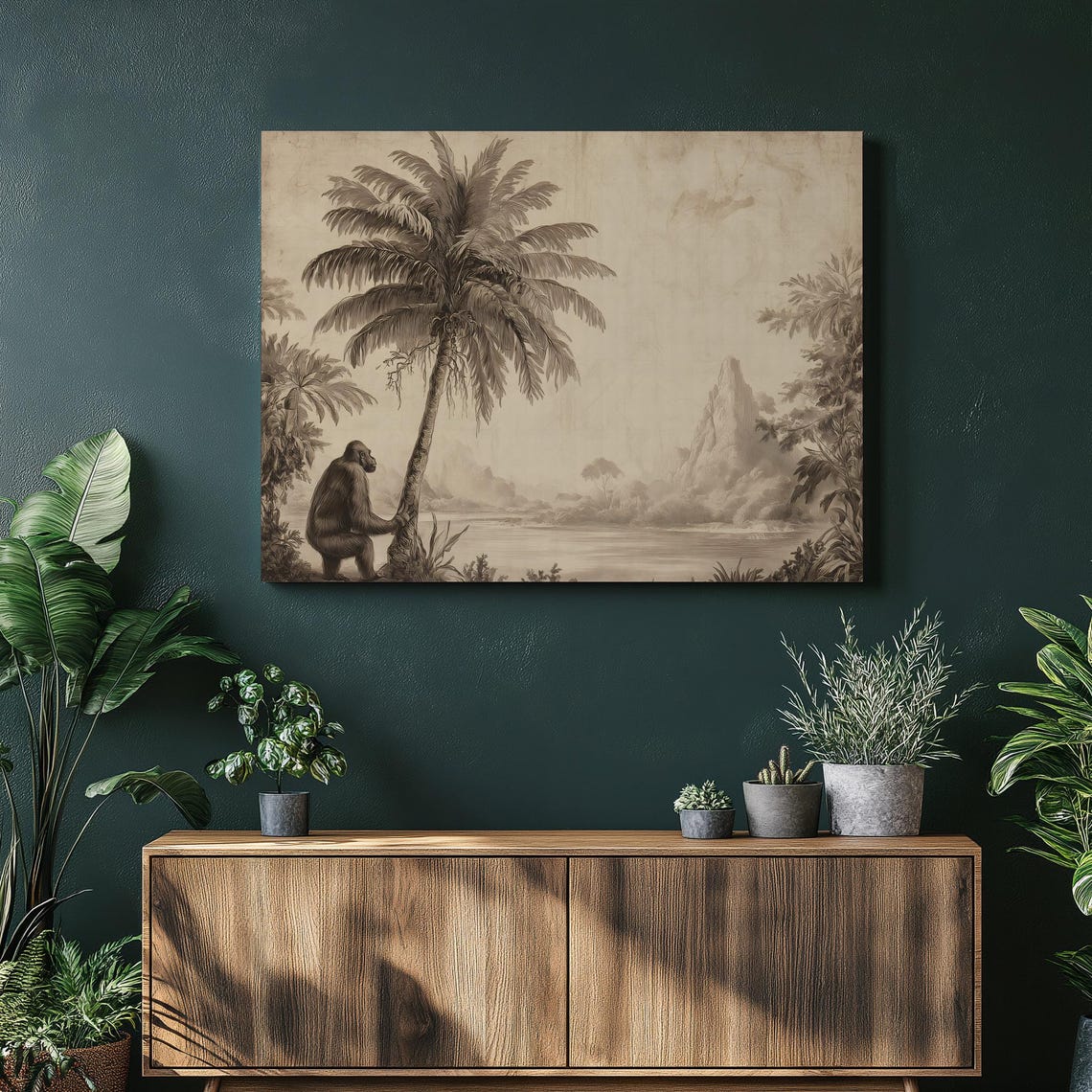 Vintage Gorilla Palm Tree Tropical Landscape Sepia Sketch Wall Art