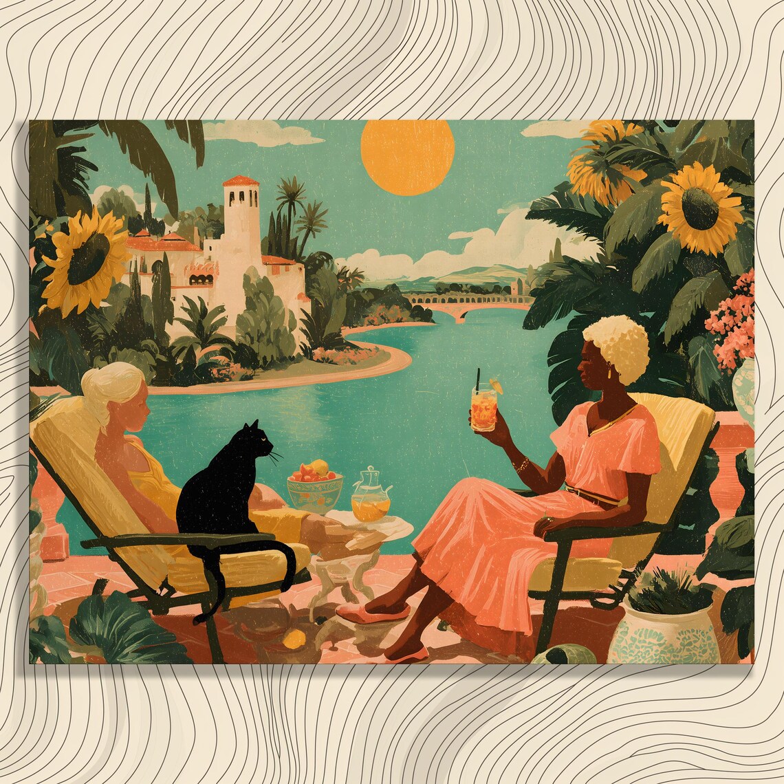 Tropical Terrace Two Women Cat Mediterranean Villa Sunny Art Poster