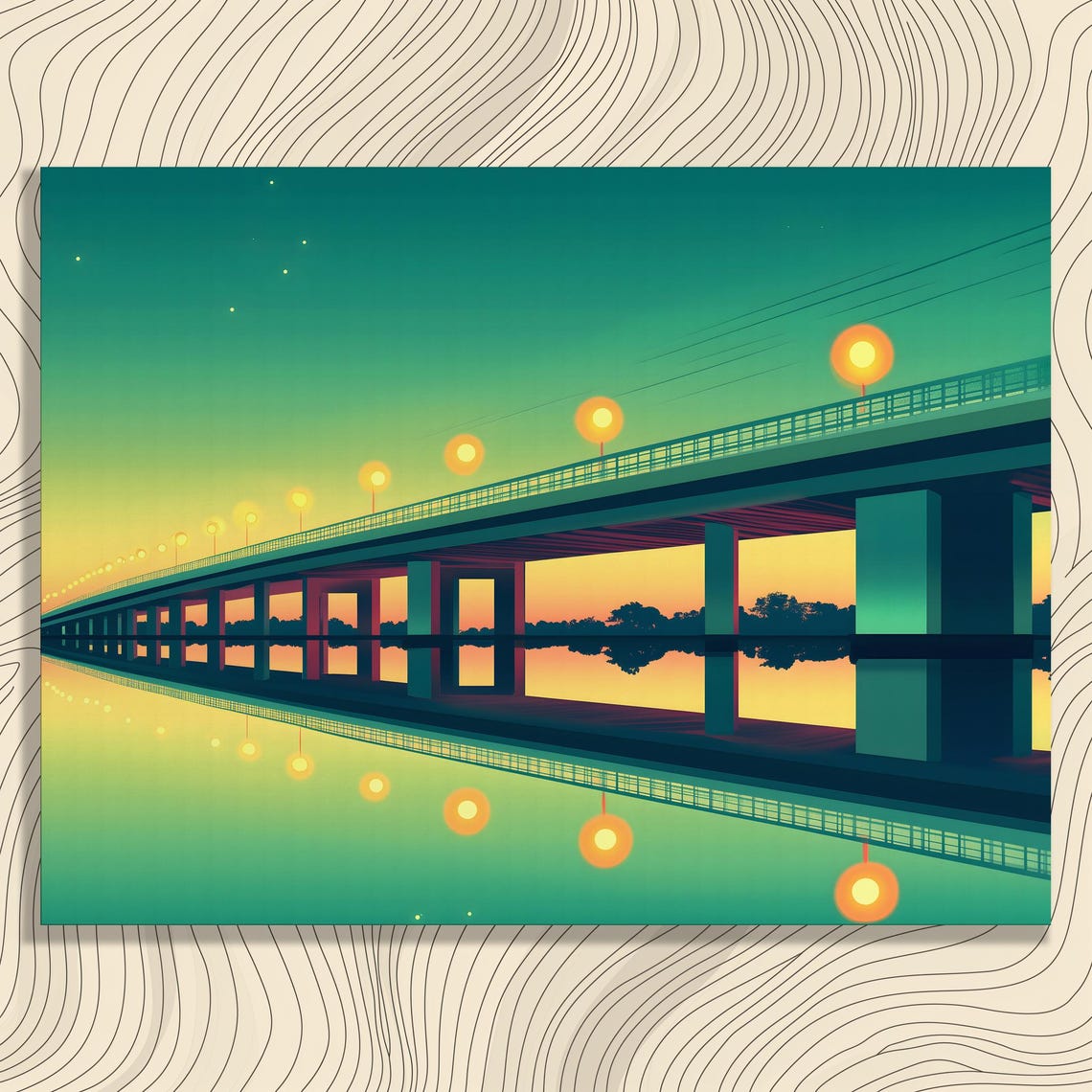 Bridge Over Water Sunset Lantern Lights Reflection Teal Wall Art