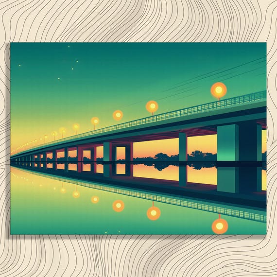 Bridge Sunset Canvas Wall Art Serene Reflection Painting Modern Decor Print Contemporary Water Horizon Landscape Gift