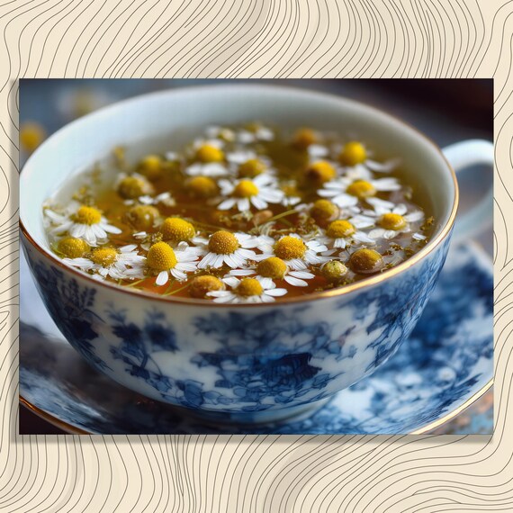 Chamomile Tea Blue Porcelain Floral Delicate Still Life Poster