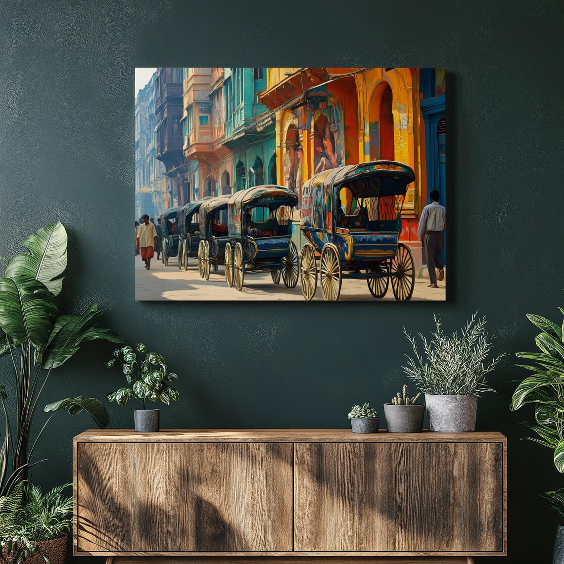 Rickshaws on a Colorful Old Town Street Market Oil Painting Poster