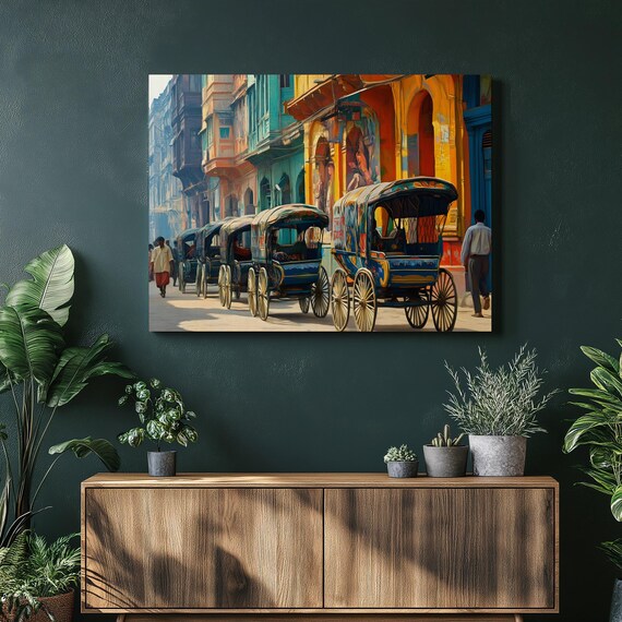 Colorful Cityscape Canvas Wall Art Rickshaw Street Scene Travel Poster Style Architecture Print Boho Decor Urban Painting