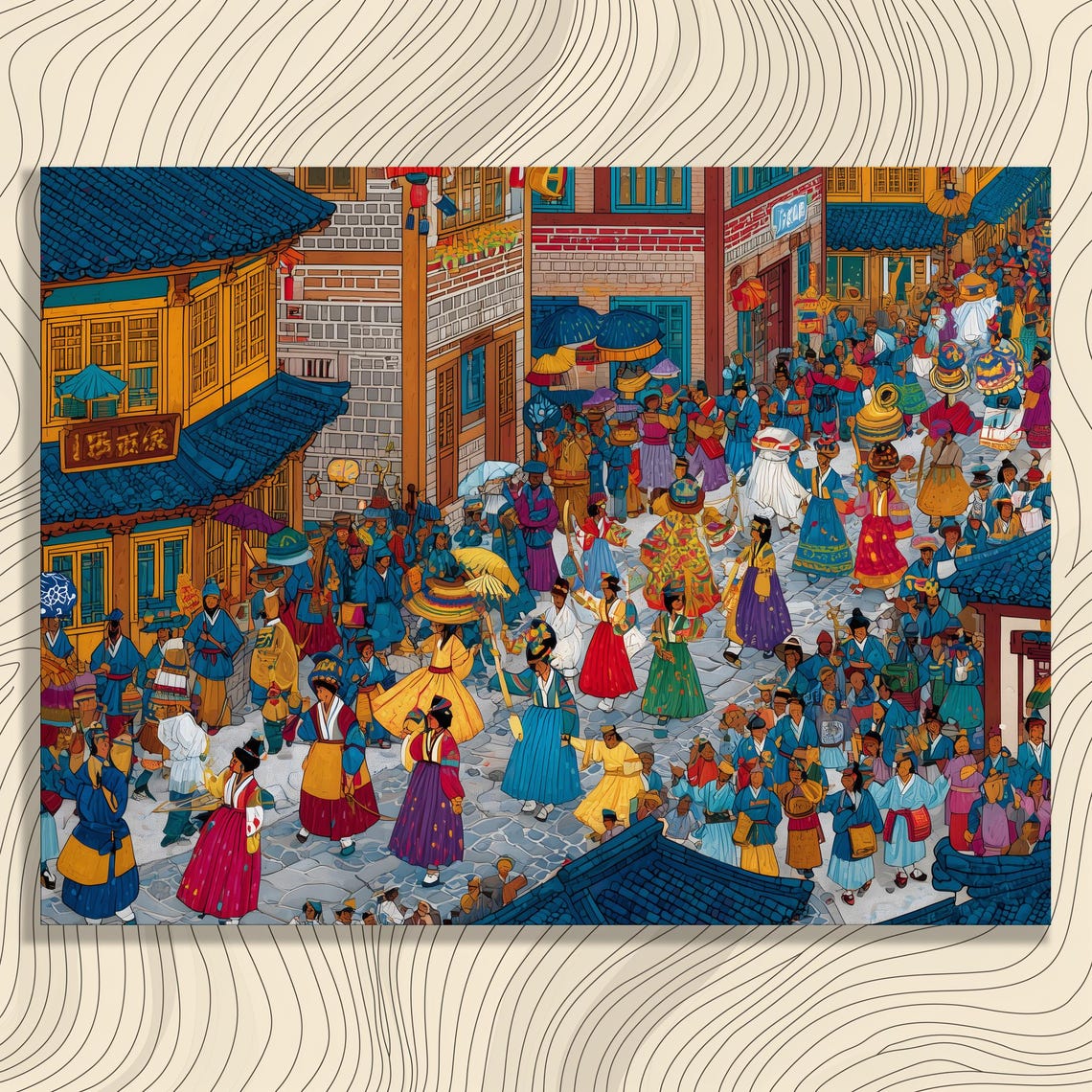 Colorful Korean Festival Canvas Wall Art Hanbok Folk Village Marketplace Print Cultural Scene Korea Culture Asian