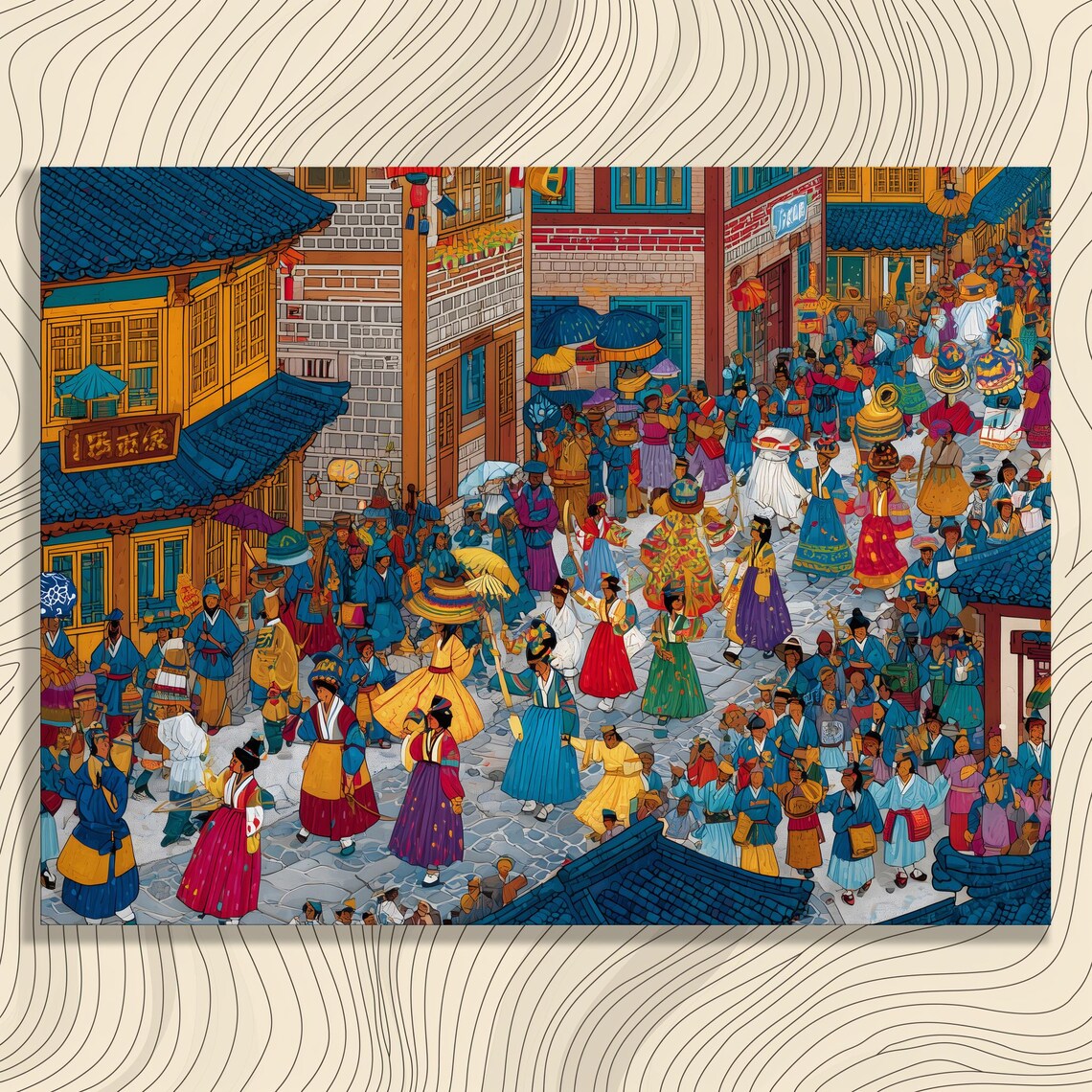 Korean Street Festival Hanbok Village Colorful Folk Art Poster