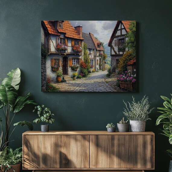 European Half Timbered Village Cobblestone Street Painting Poster