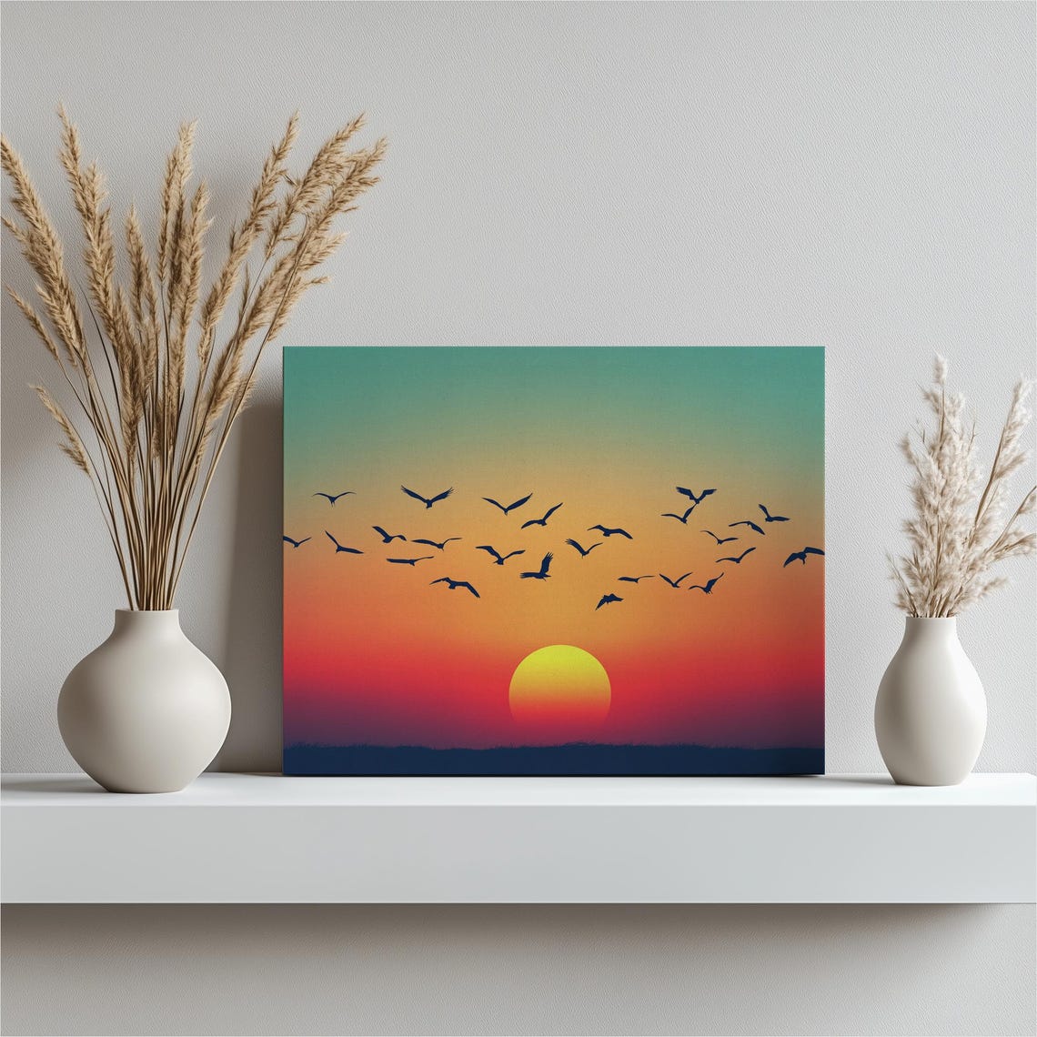Sunset Birds Silhouette Flock Minimalist Ocean Horizon Poster