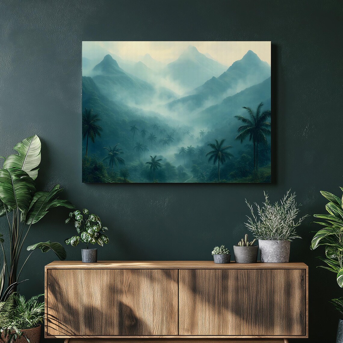 Misty Tropical Mountain Valley with Palm Trees in Soft Green Tones Wall Art