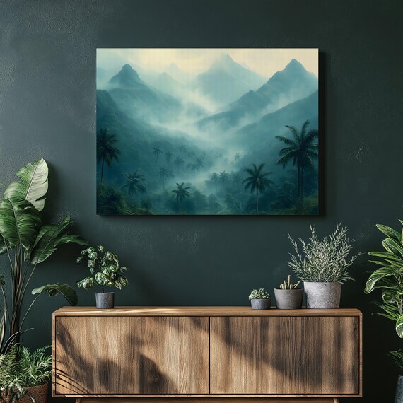 Misty Tropical Mountain Valley with Palm Trees in Soft Green Tones Wall Art
