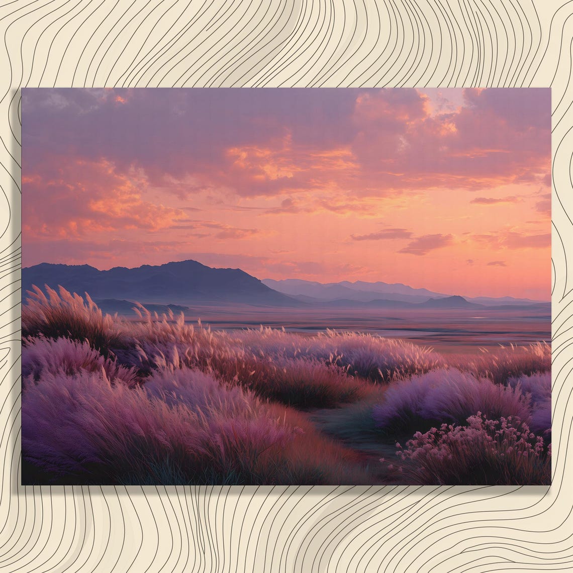 Peaceful Sunset Prairie Pink Grass Meadow Mountain View Wall Art