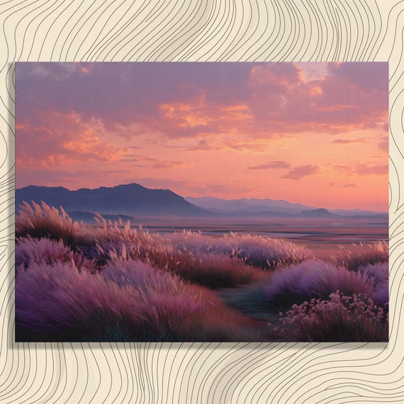 Sunset Prairie Canvas Wall Art Pink Grass Meadow Landscape Print Purple Wheat Field Decor Mountain Horizon Nature Gift