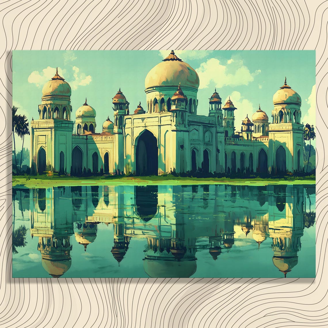 White Marble Domed Palace Water Reflection Golden Sky Painting Poster