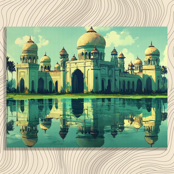 Grand Dome Reflection Canvas Wall Art Vintage Palace Water Painting Print Decor Gift For Enthusiasts And Travel Lovers