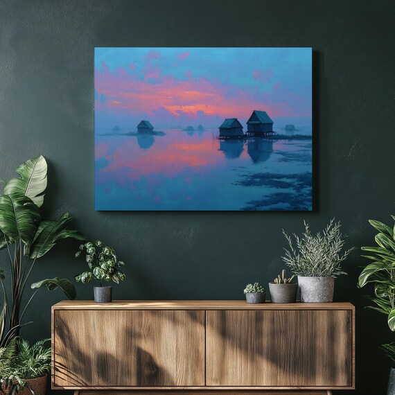 Sunset Lake Stilt Huts Pink Sky Reflection Calm Water Poster