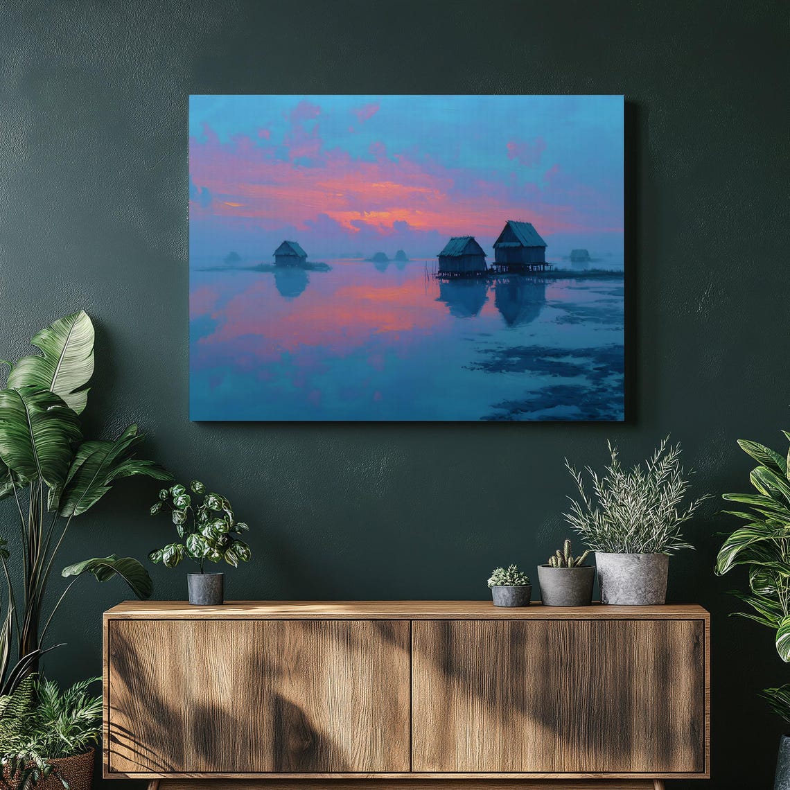 Sunset Lake Stilt Huts Pink Sky Reflection Calm Water Poster