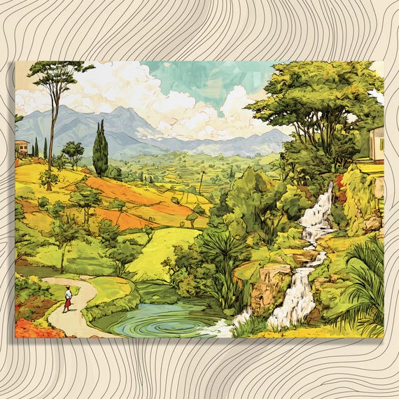 Guatemala Landscape Canvas Wall Art Tropical Waterfall And Coffee Fields