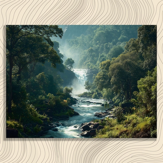 Misty Jungle Waterfall Flowing Through a Lush Tropical Rainforest Wall Art