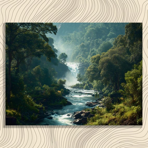Tropical Waterfall Canvas Wall Art Lush Rainforest Jungle River Landscape Misty Green Nature Print Serene Cascade Artwork Gift