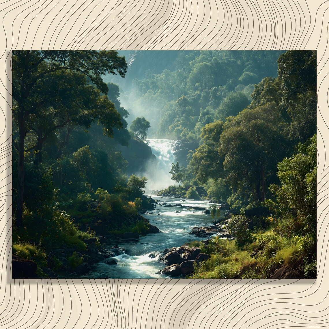 Misty Jungle Waterfall Flowing Through a Lush Tropical Rainforest Wall Art