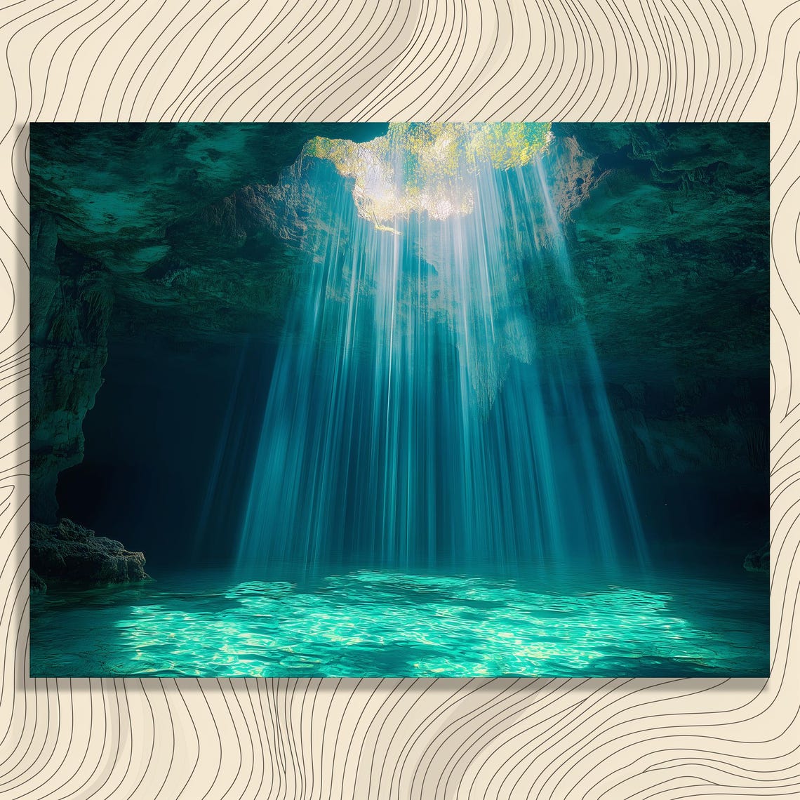 Breathtaking Cenote Cave Sunbeam Turquoise Water Nature Art Poster