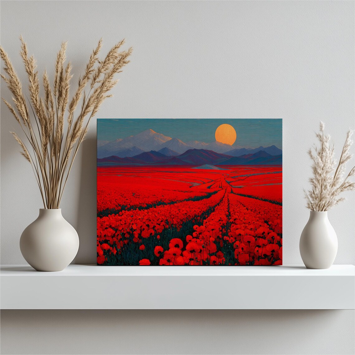 Red Poppy Field Under A Giant Orange Sun With Mountain Peaks Poster