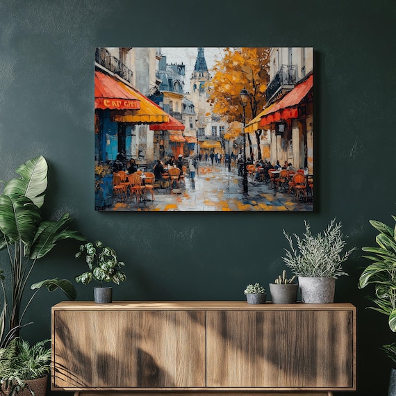 Paris Street Cafe Autumn Awnings Rainy Bistro Impressionist Wall Art